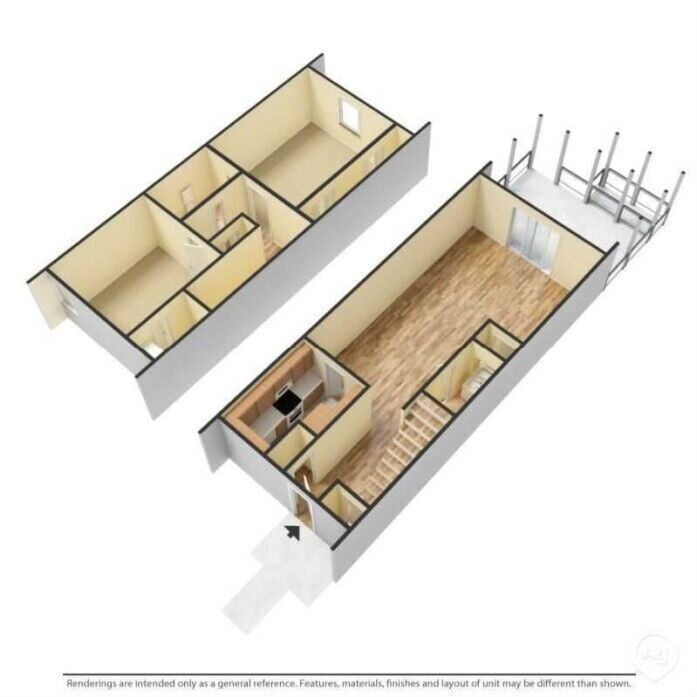 A 3d floor plan of a house with a balcony