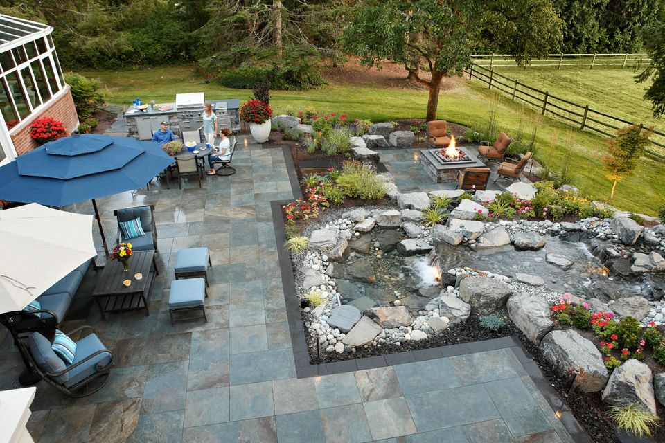 backyard outdoor paver and waterfall exterior