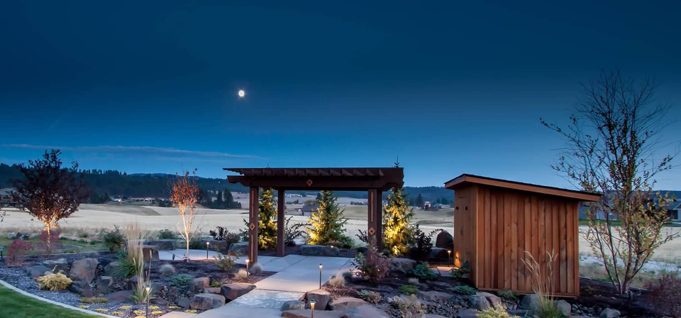 night time garden patio pergola shed