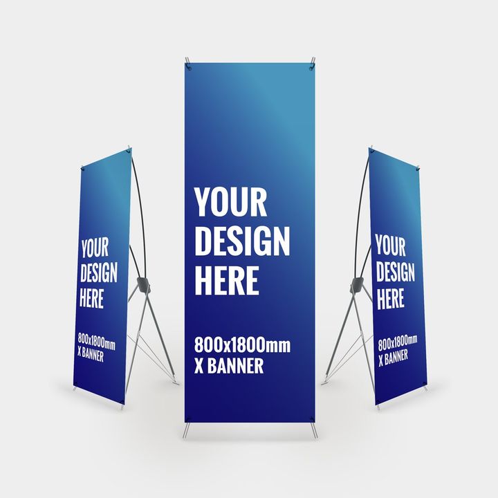 three blue x banners with the words `` your design here '' on them