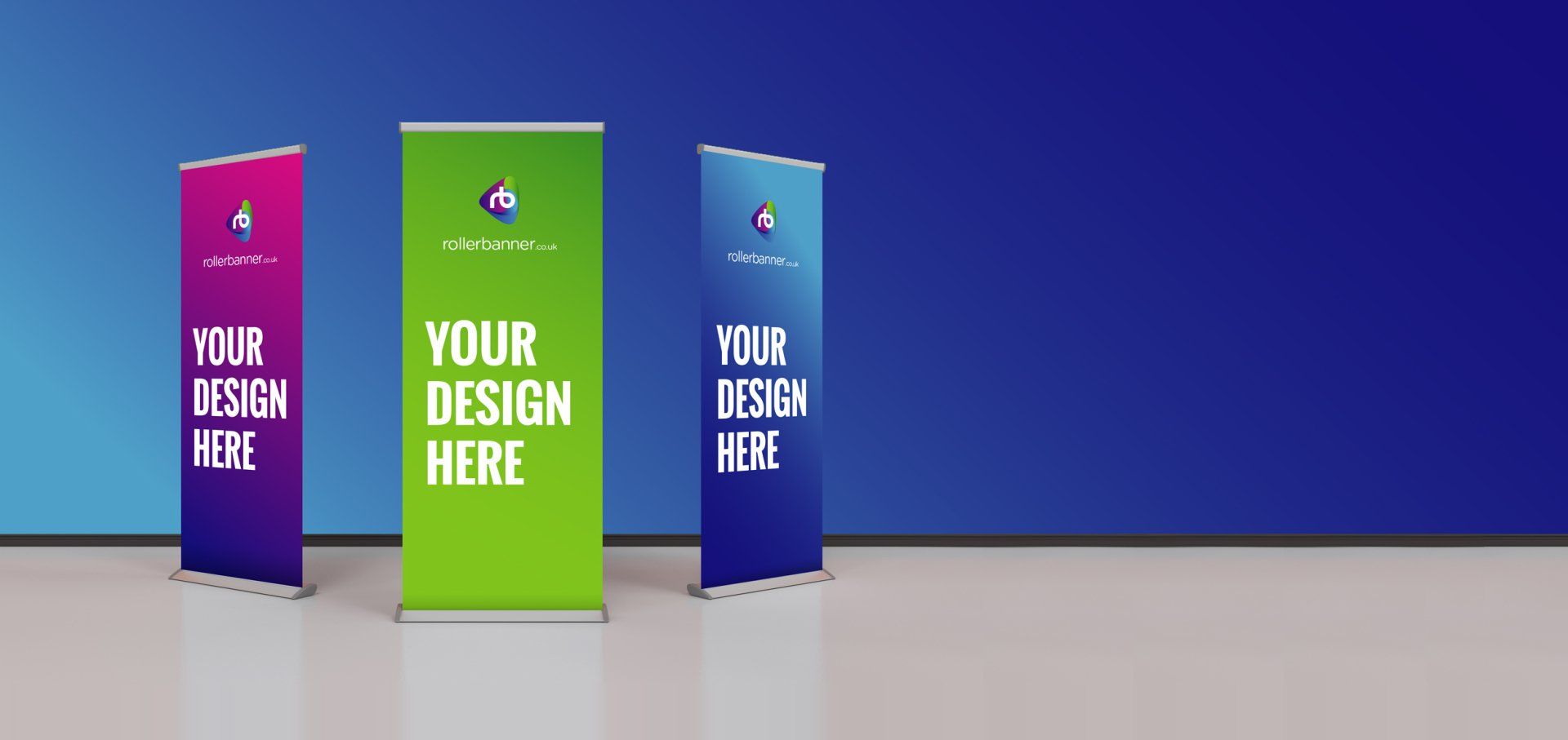 three roll up banners are sitting next to each other on a table .