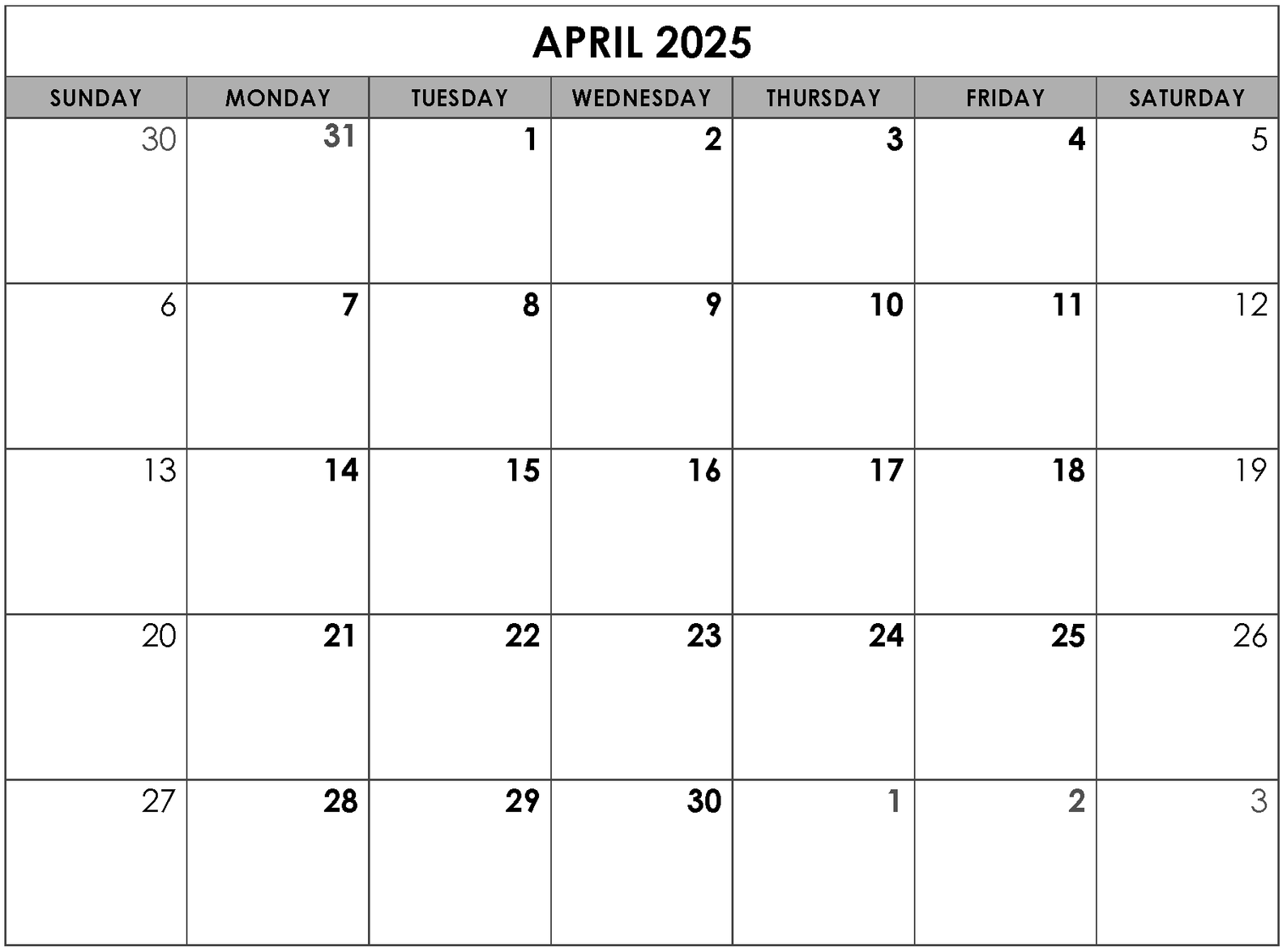 A calendar for april 2025 is shown on a white background