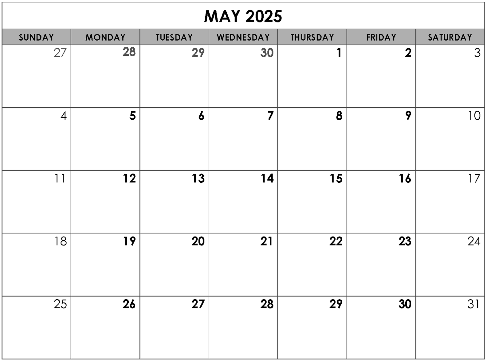 A calendar for may 2025 is shown on a white background