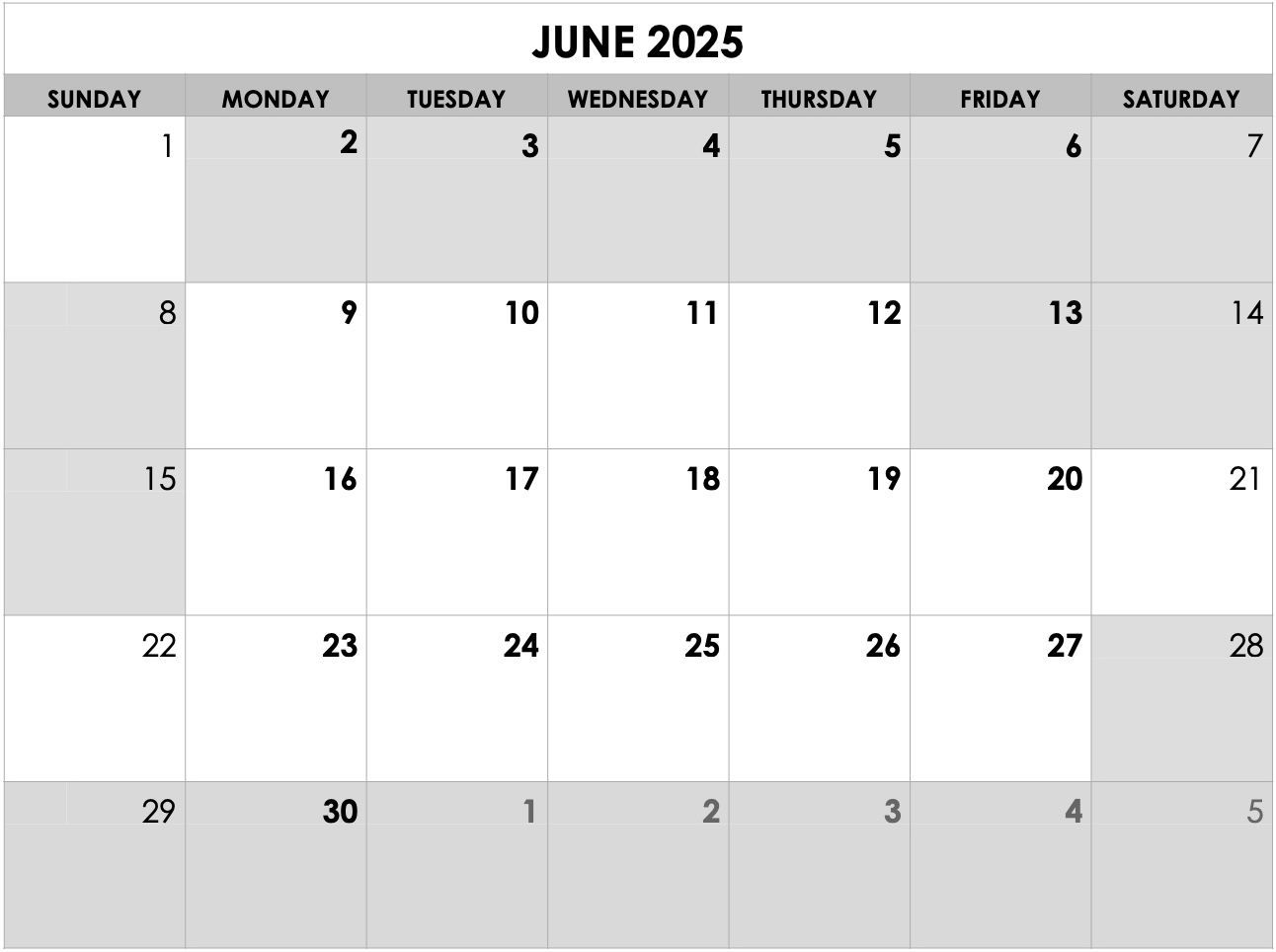 A black and white calendar for july 2025
