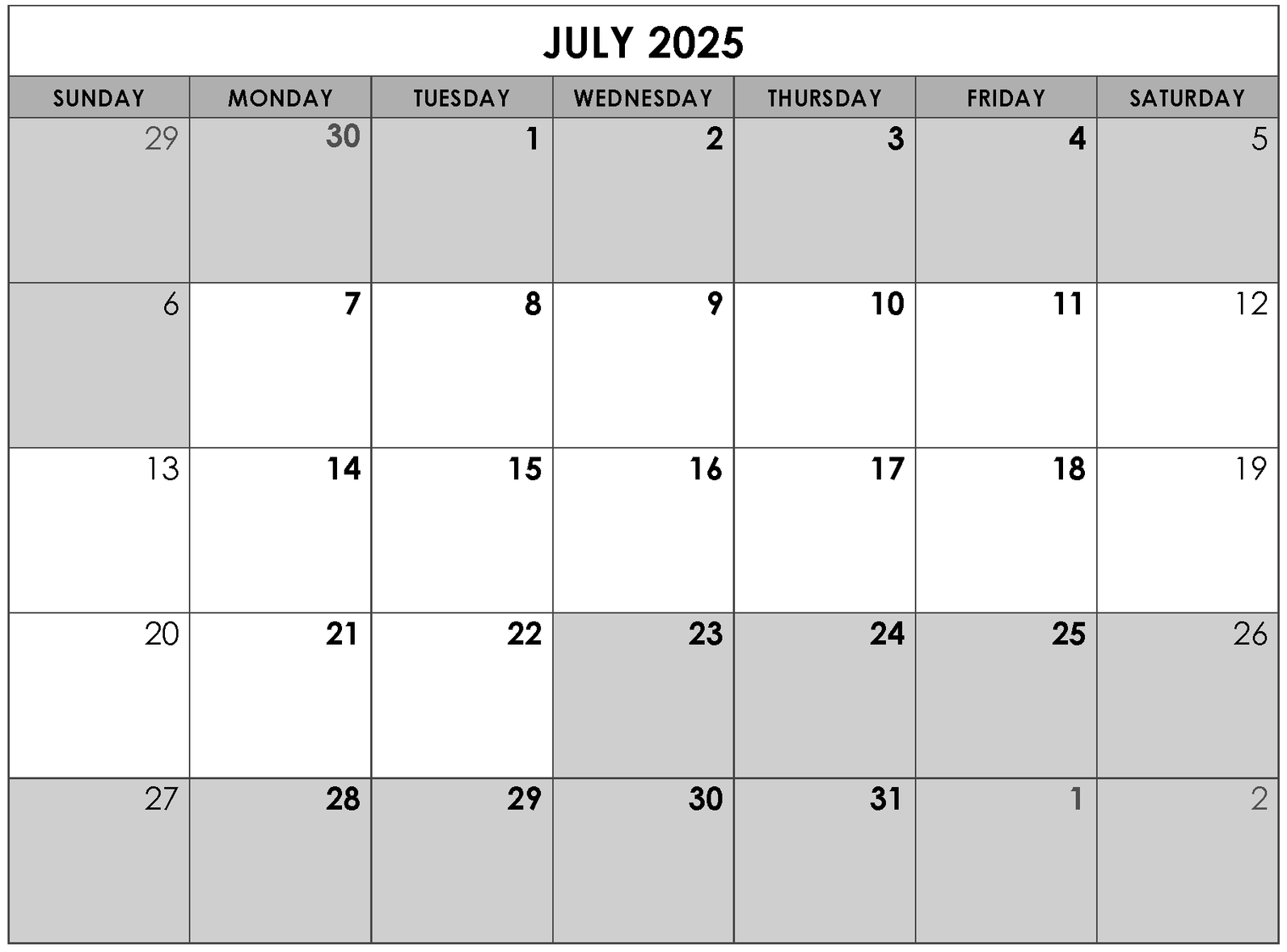 A black and white calendar for july 2025