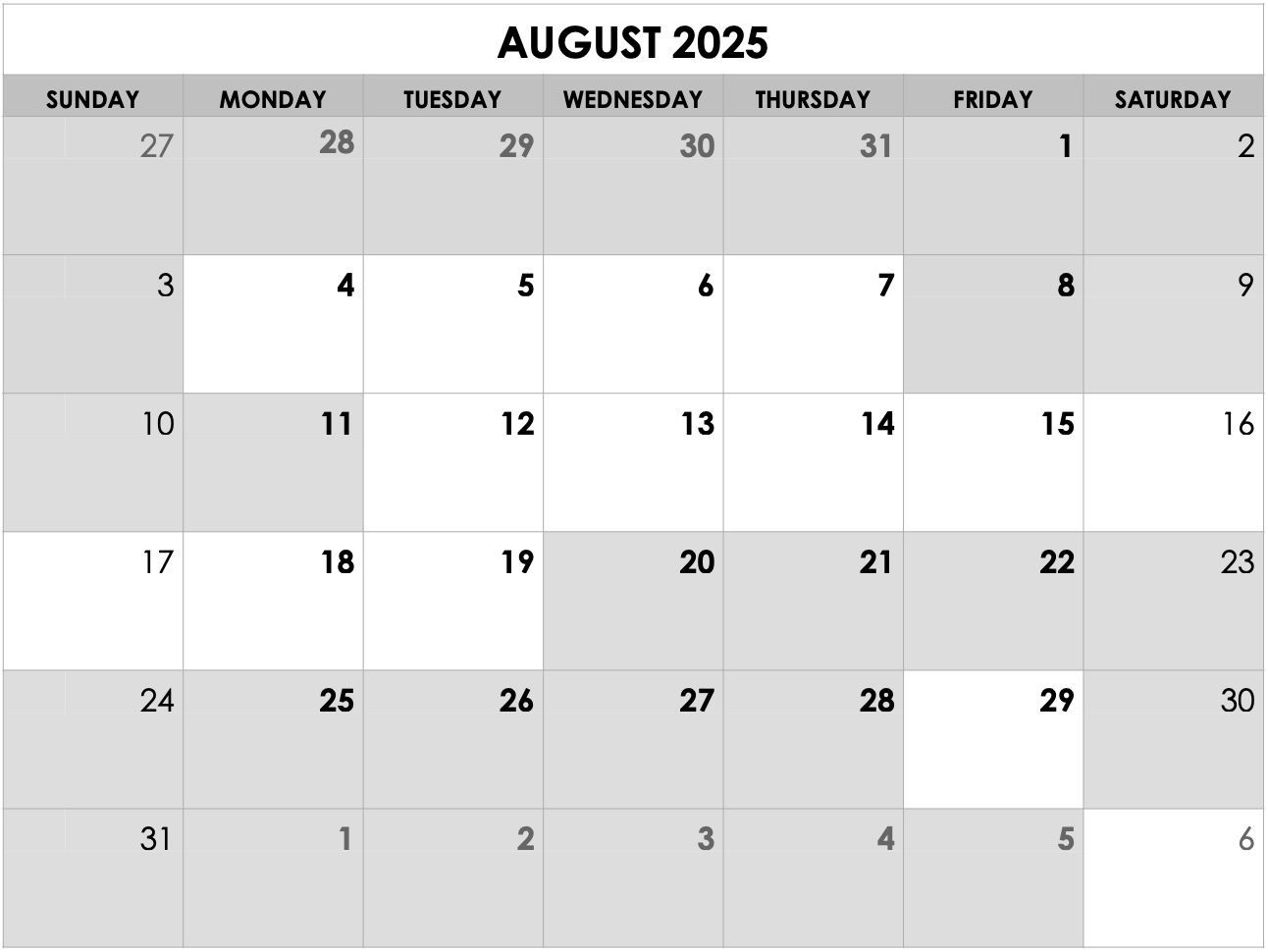 A black and white calendar for july 2025