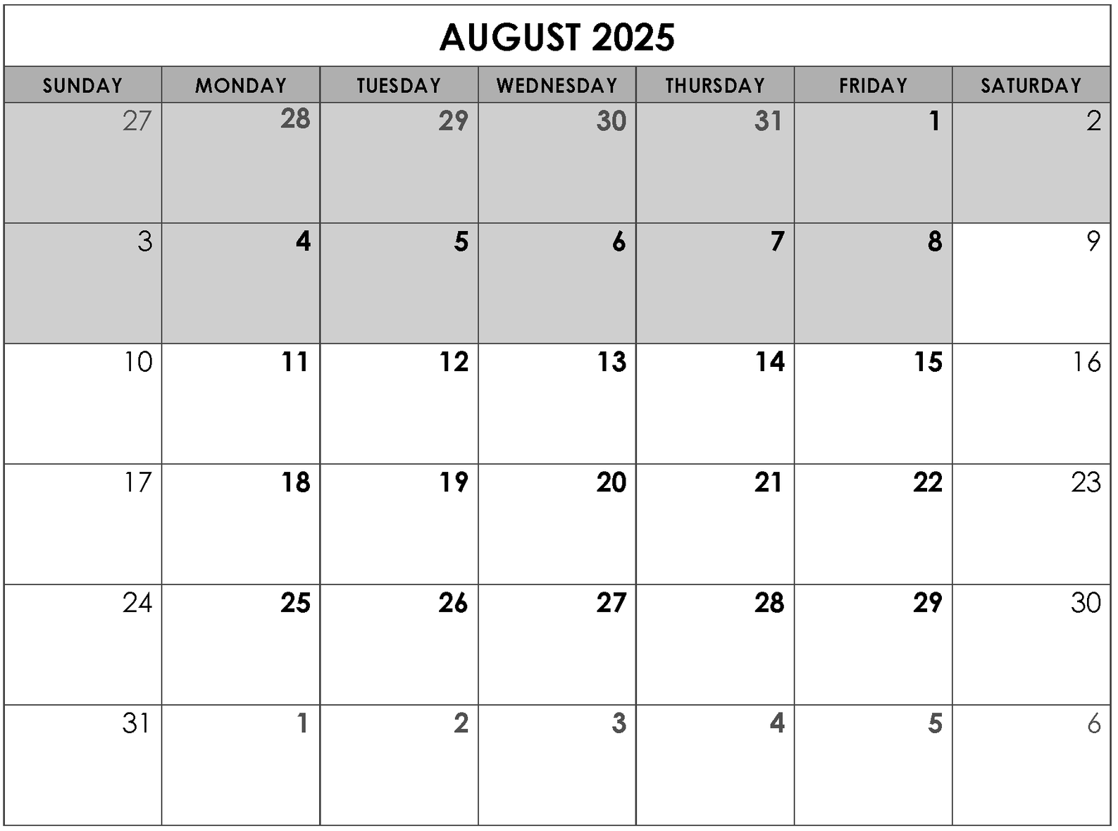 A calendar for august 2025 is shown on a white background