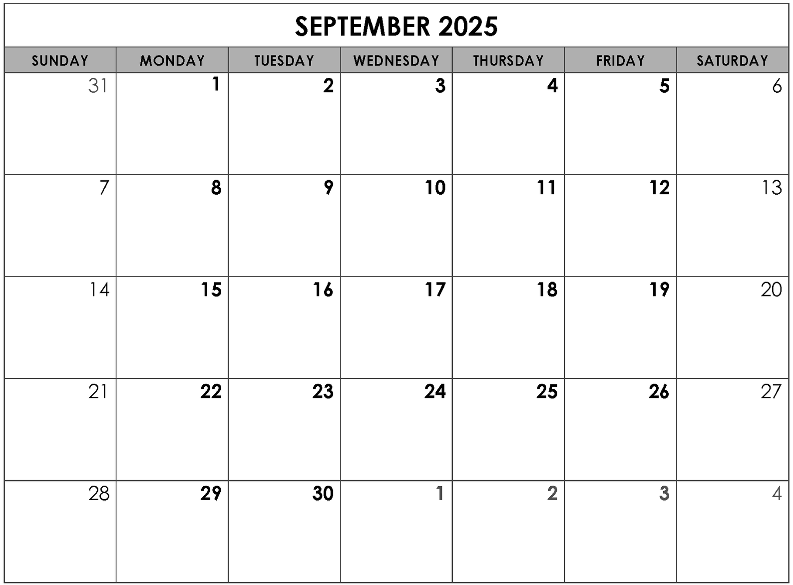 A calendar for september 2025 is shown on a white background