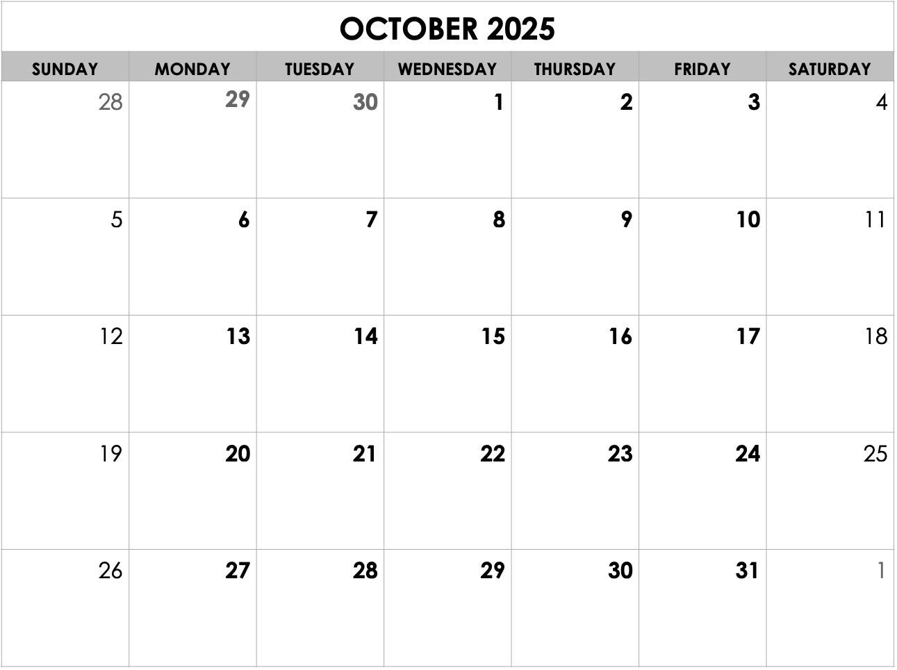 A black and white calendar for july 2025