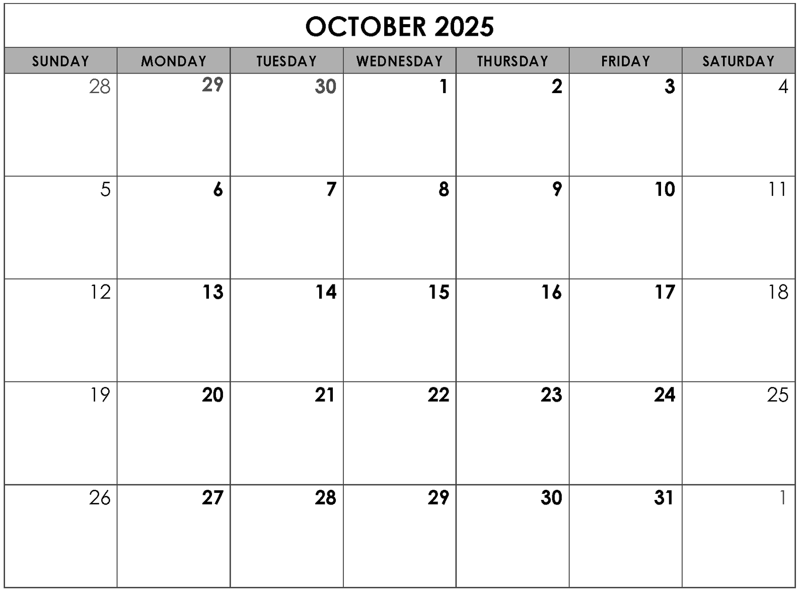 A calendar for october 2025 is shown on a white background.