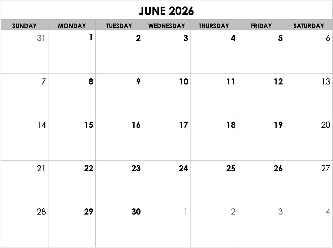 A black and white calendar for july 2025