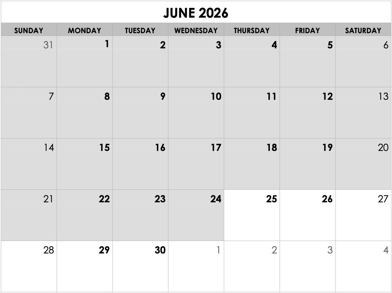 A black and white calendar for july 2025
