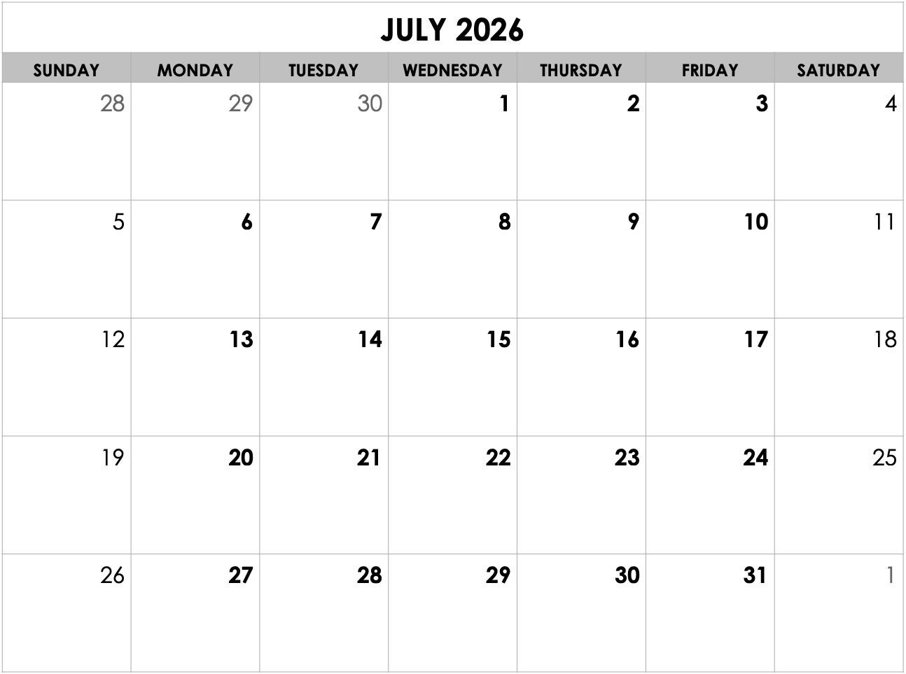 A black and white calendar for july 2025