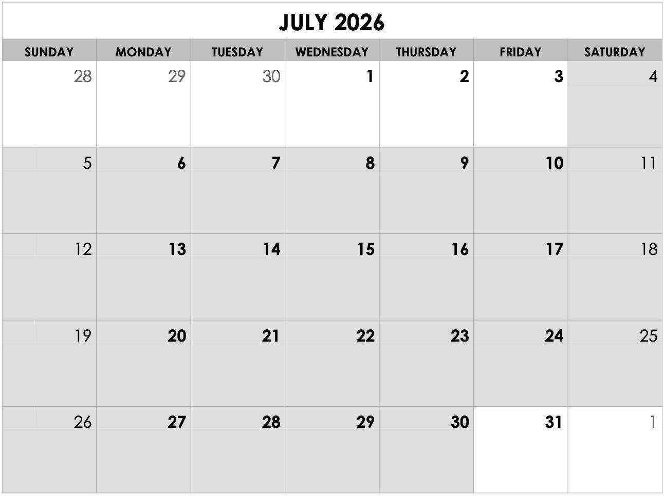 A black and white calendar for july 2025