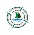 A green and white compass with a sailboat in the center.