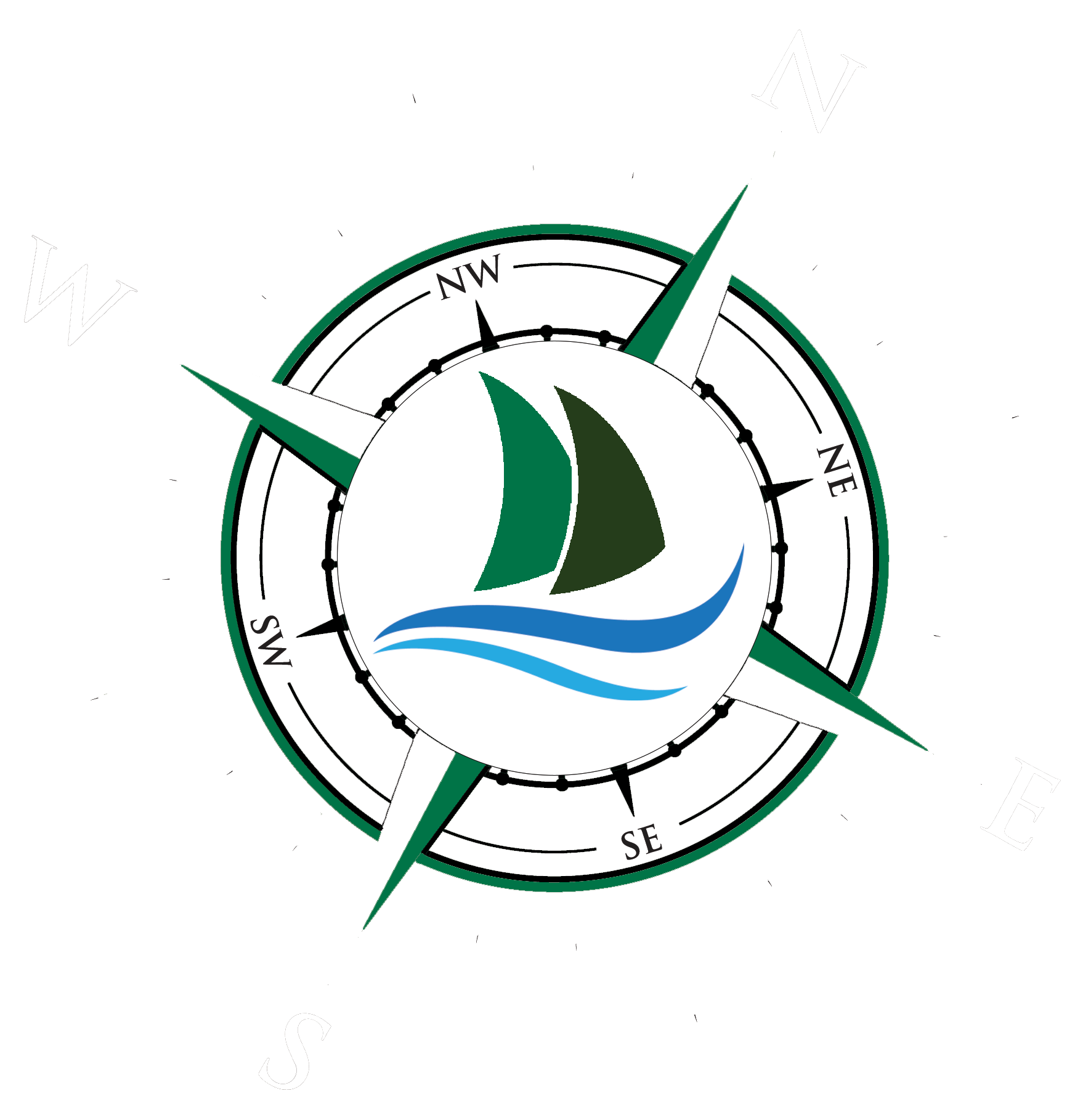 A green and white compass with a sailboat in the center.