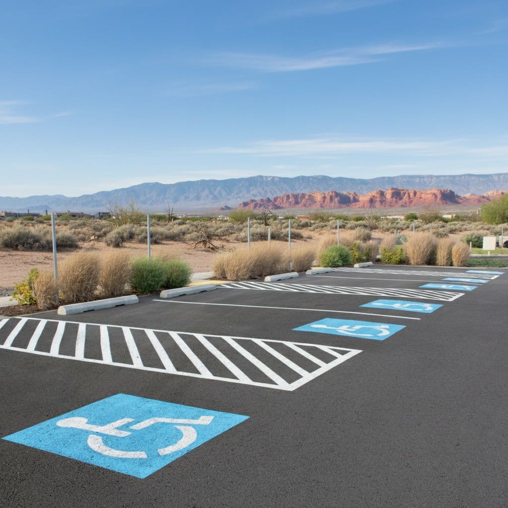 Parking lot striping in Santa Fe NM with clean asphalt and mountain views in the background