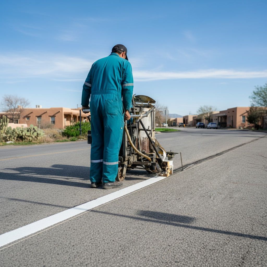 Road line striping in Santa Fe NM with worker applying white traffic line on asphalt street