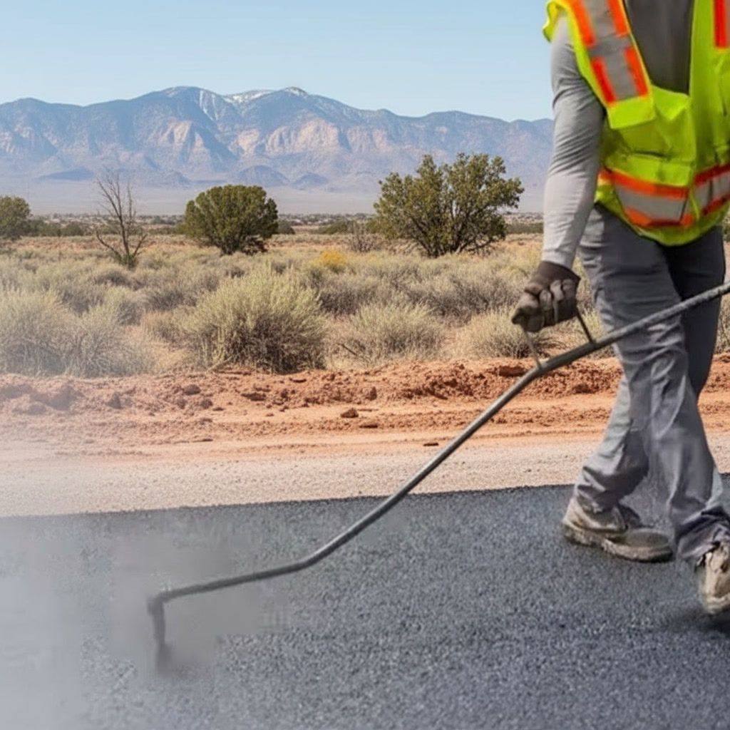 Sealcoating in Santa Fe NM with worker applying asphalt sealant to protect and extend pavement life