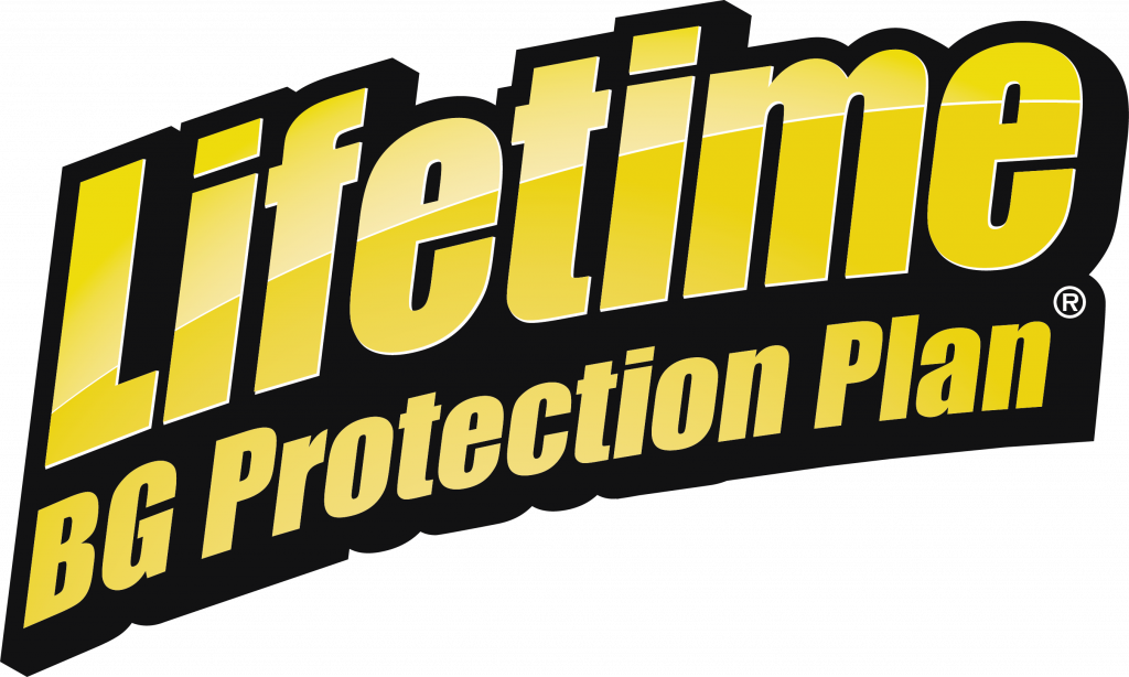 Logo for Lifetime BG Protection Plan, gold text on black background.