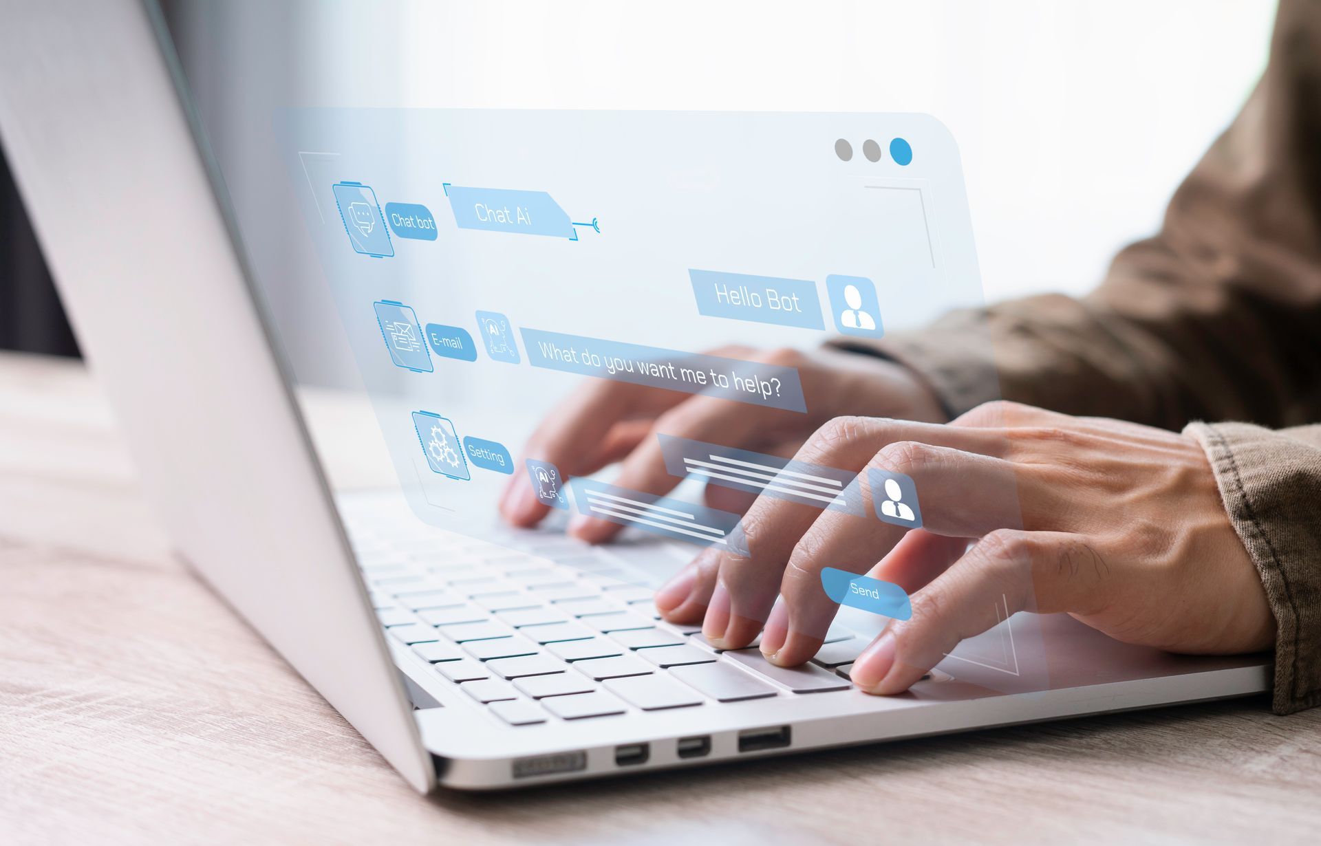 Persona che digita su un computer portatile; sovrapposta un'interfaccia digitale che mostra codice e icone.