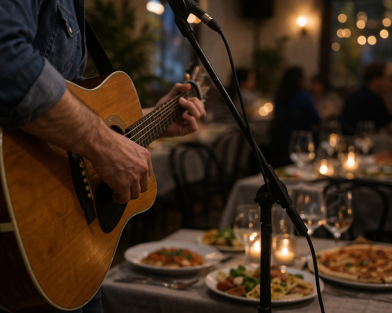 In un ristorante con luci soffuse, un musicista suona la chitarra acustica davanti a un microfono, con tavoli e clienti sullo sfondo.