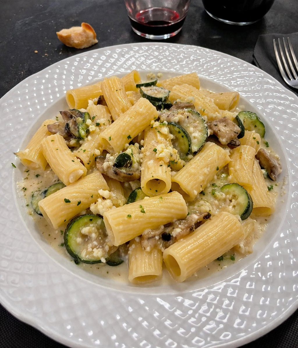 Un piatto di rigatoni conditi con zucchine a fette, funghi e una cremosa salsa al formaggio, servito su un tavolo scuro.