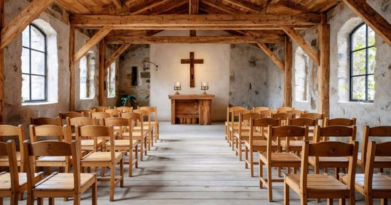 Interior of a bright, minimalist church hall with rows of wooden pews facing a simple altar and chairs on a small stage.
