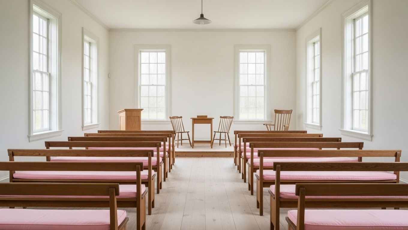 A bright, minimalist church interior with rows of wooden pews facing a simple podium and chairs under windows.