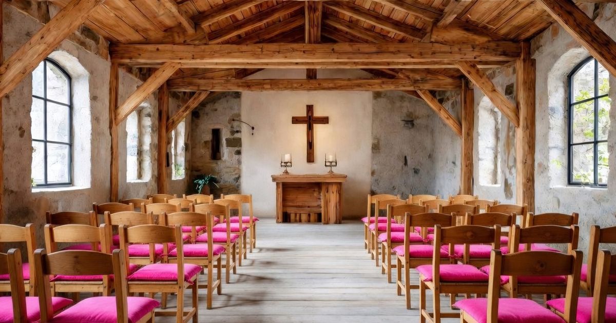 A bright, minimalist church interior with rows of wooden pews facing a simple podium and chairs under windows.