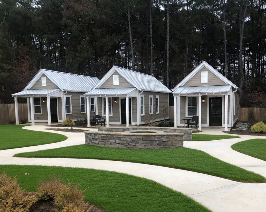 Three small, gray cottages with white trim and metal roofs sit around a circular stone fire pit in a grassy courtyard.