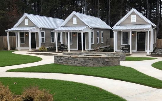 Three light gray cottages with white trim and metal roofs sit in a row behind a stone fire pit and paved walkway.