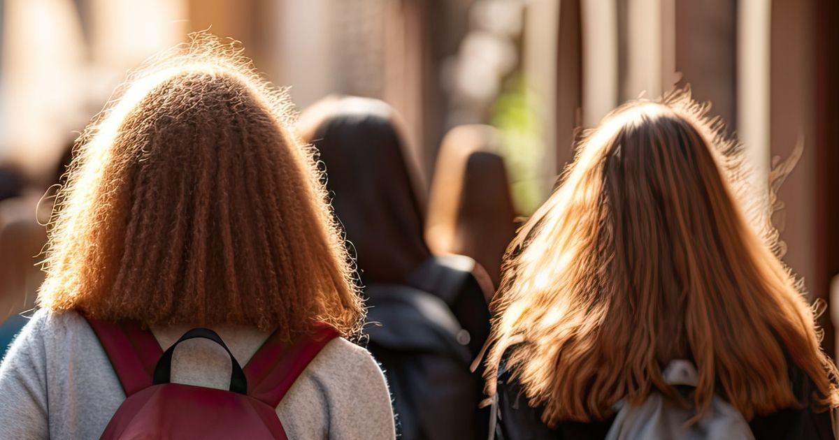 People with backpacks walking away from the camera in a sunlit outdoor area.