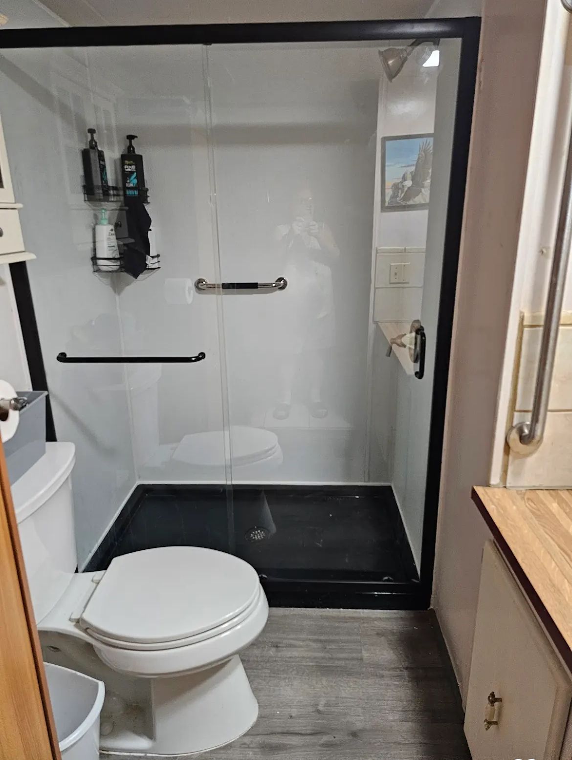 A bathroom with a toilet , shower , and sink.