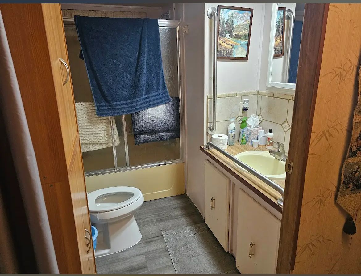 A bathroom with a toilet a sink and a shower