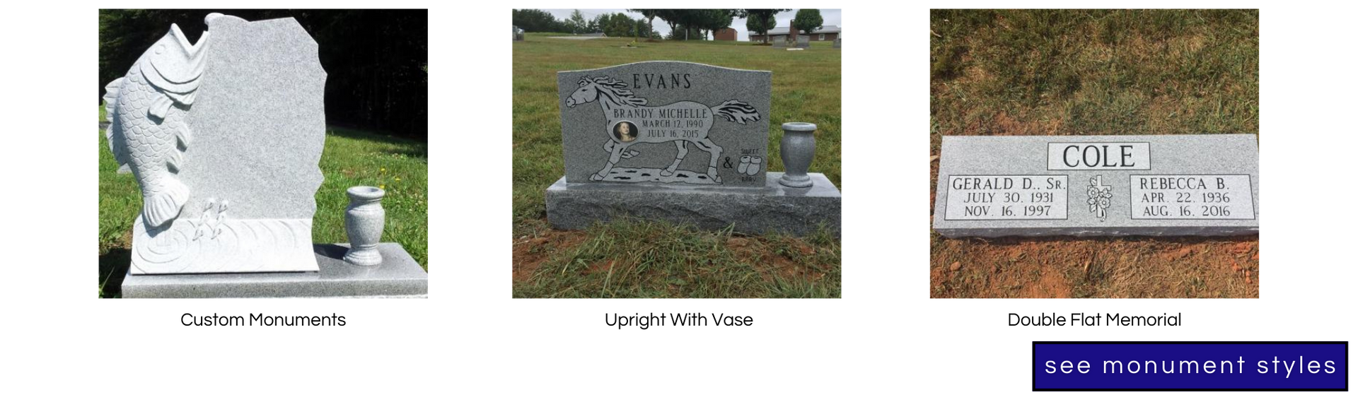 Three headstones in a cemetery, featuring a fish design, a deer scene, and a flat marker for the Cole family.