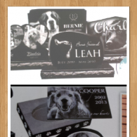 A collage of personalized black granite pet memorial stones and urns featuring etched photographs and names of animals.