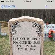 A granite headstone for Evelyne Mildred Townsend Hoilman, born April 25, 1947, and died November 17, 2016.