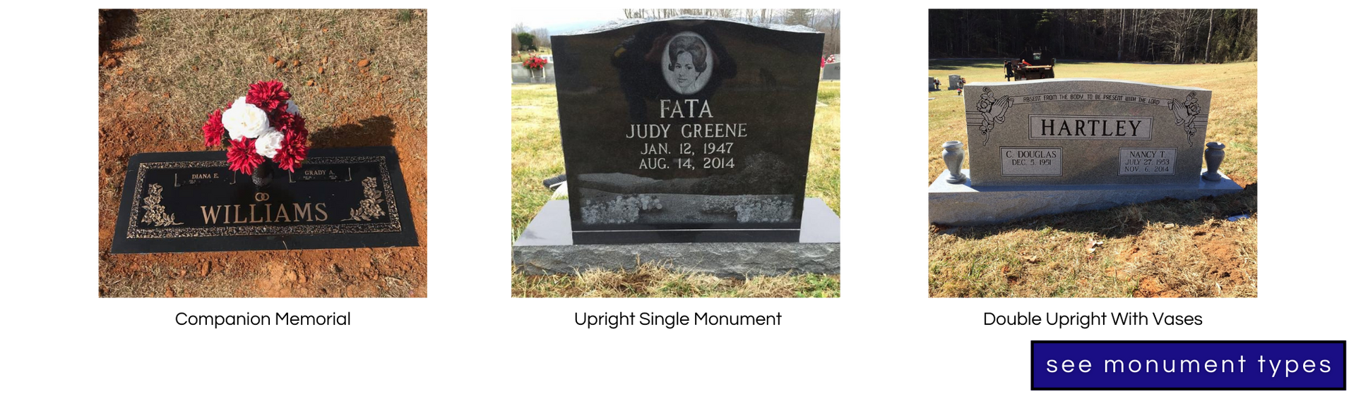 Three types of cemetery monuments: a flat bronze marker, an upright granite headstone, and a slanted granite marker.