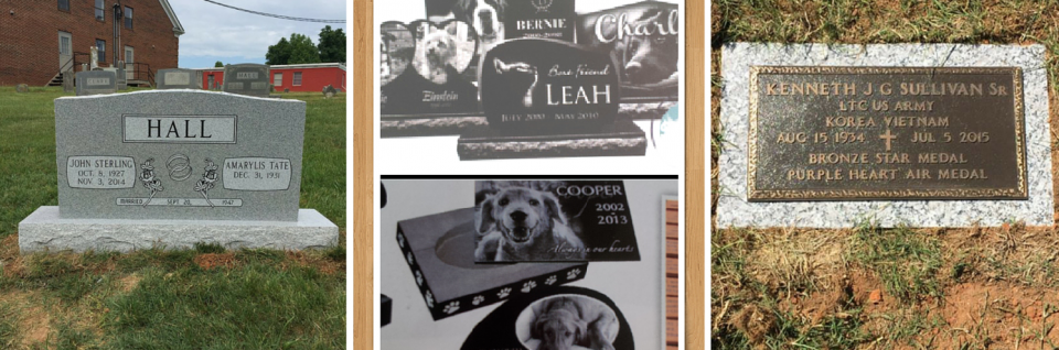 A collage of three gravestones: a gray upright monument, black polished markers with pet photos, and a bronze plaque.