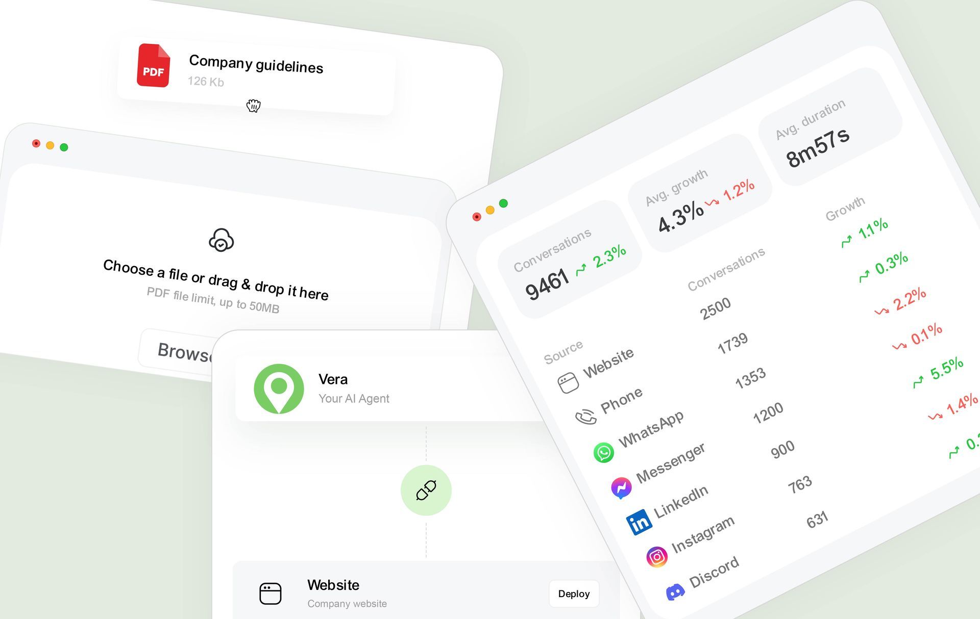 White interface screens with graphs, data, icons, and a PDF file pop-up.