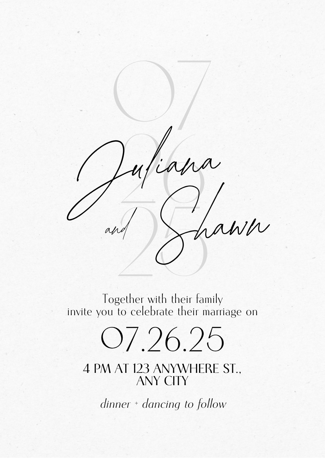 Wedding invitation: Juliana and Shawn's names in script, date (07.26.25), and address, on white background.