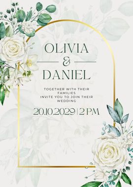 Wedding invitation with floral design, gold frame, names Olivia & Daniel, date, time.