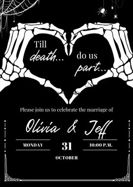 Halloween wedding invitation with skeleton hands forming a heart. Names are Olivia & Jeff. Event is on October 31st.