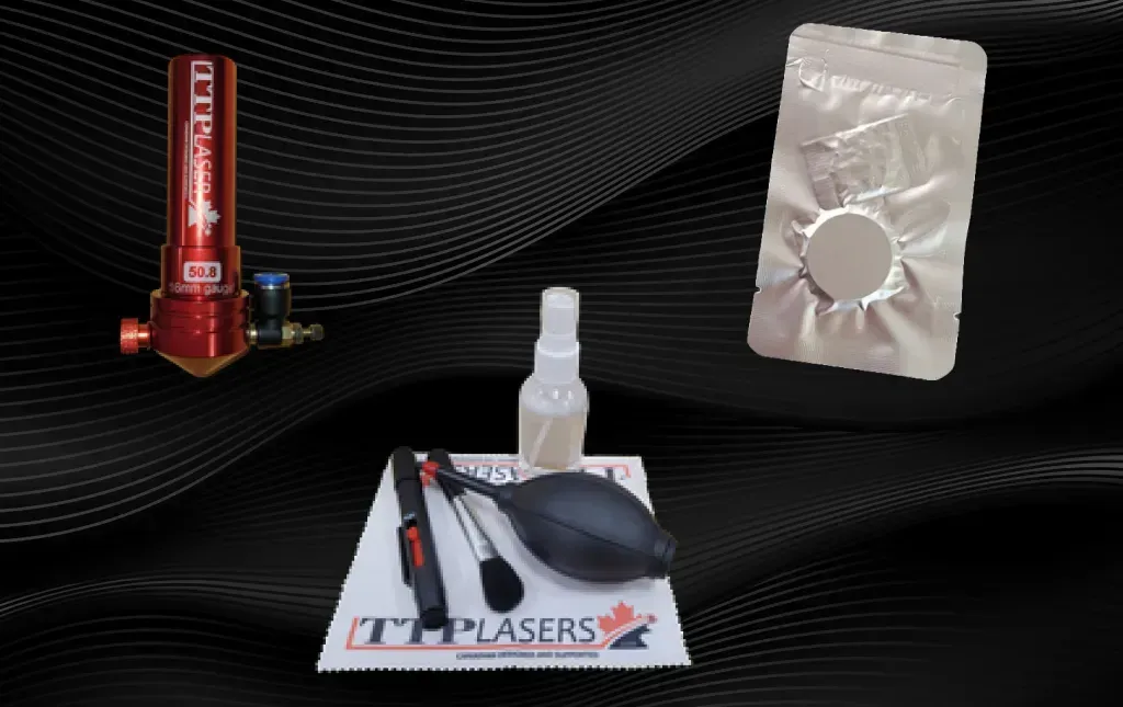Laser cleaning kit with blower, spray bottle, brushes, and vacuum gauge.