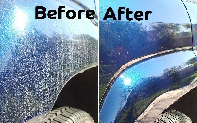 A before and after picture of a blue car.