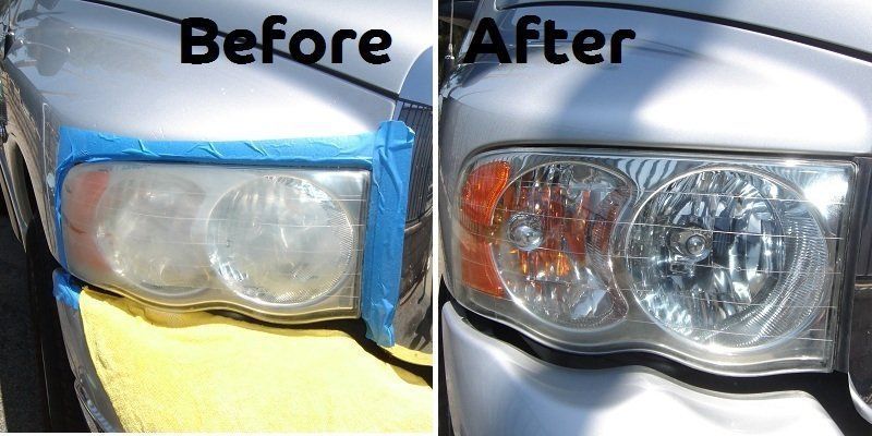 A before and after photo of a car 's headlights
