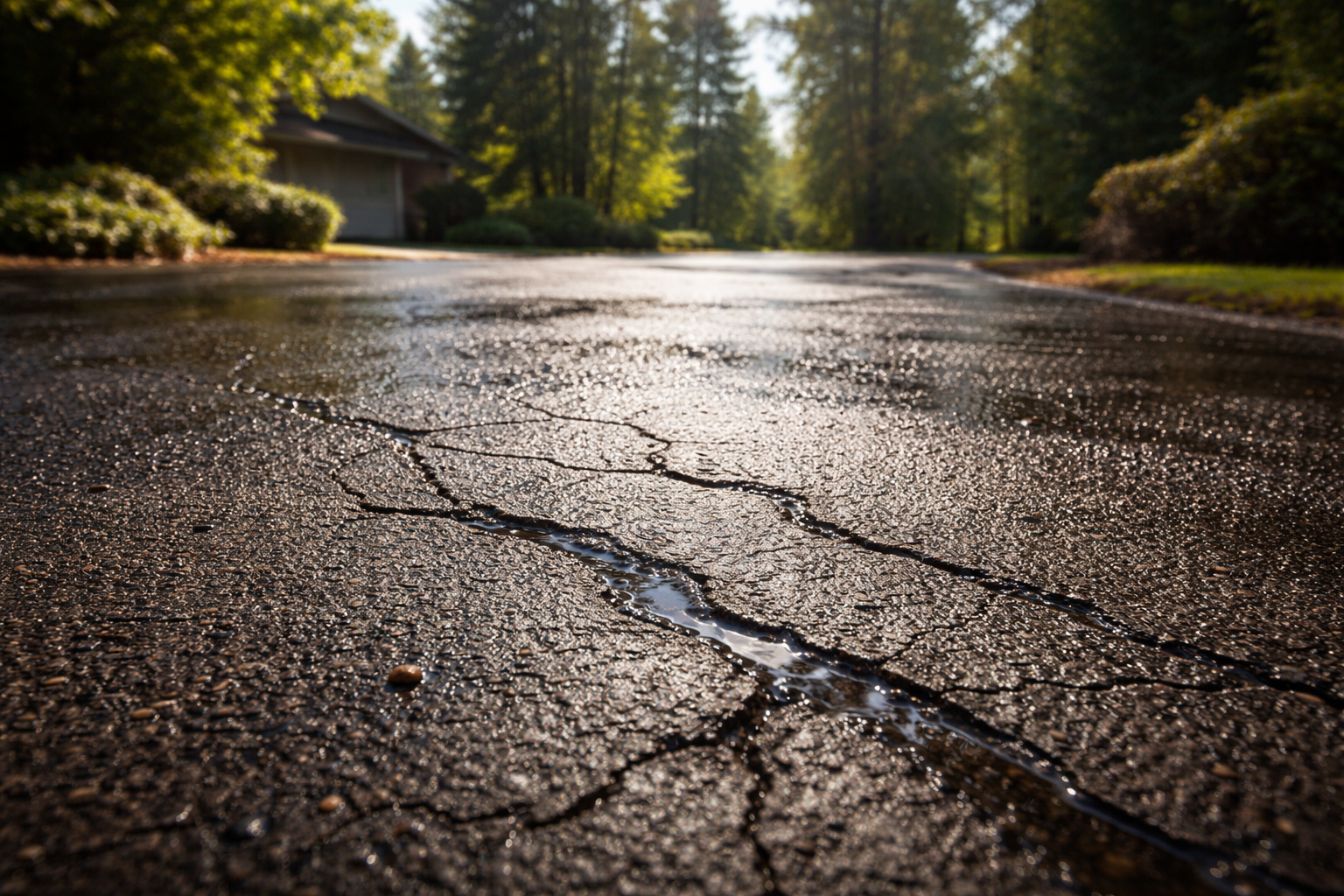 Cracked asphalt driveway reflecting sunlight, leading toward a house and trees.