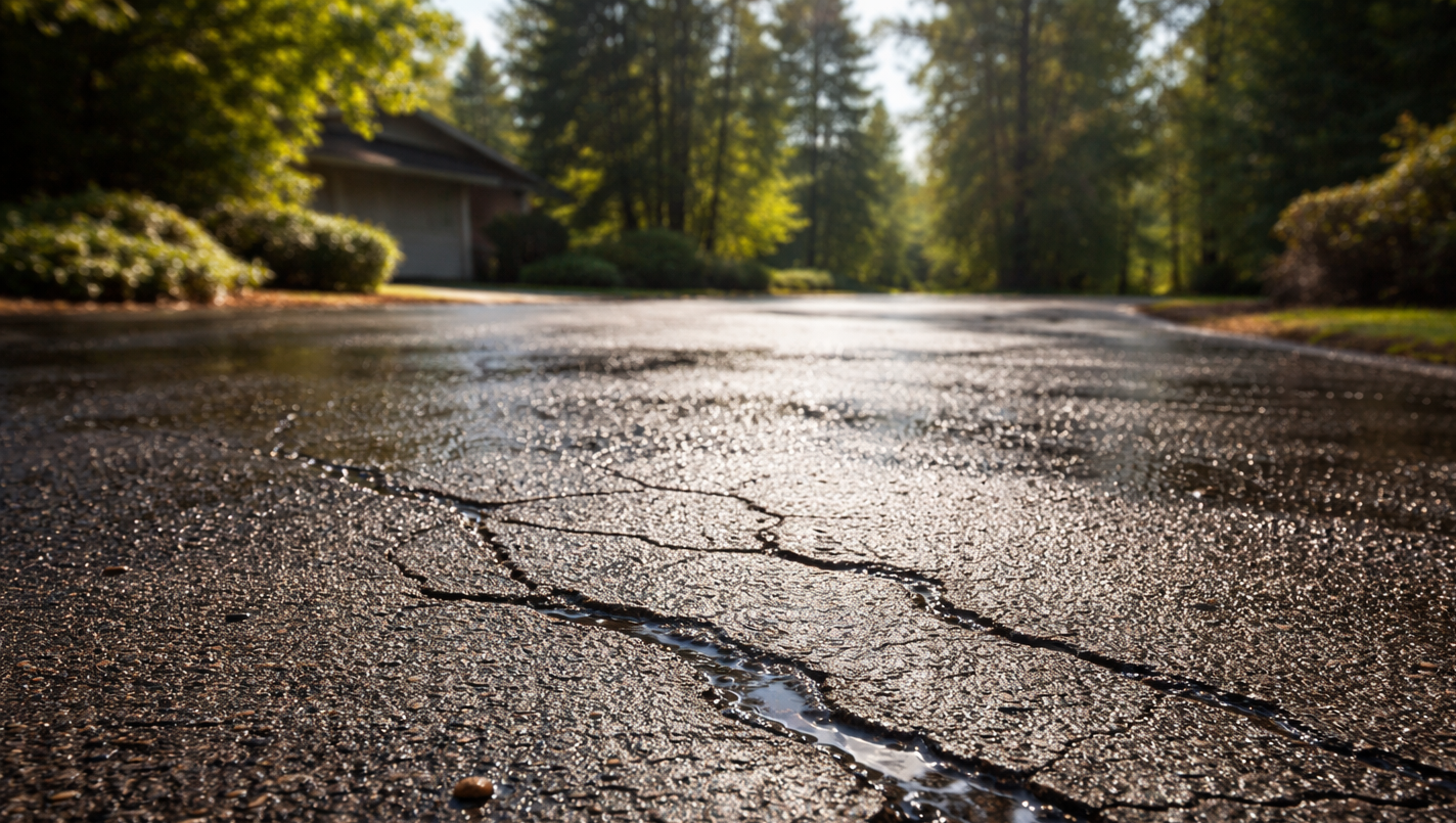 Cracked asphalt driveway in front of a house, trees in the background.