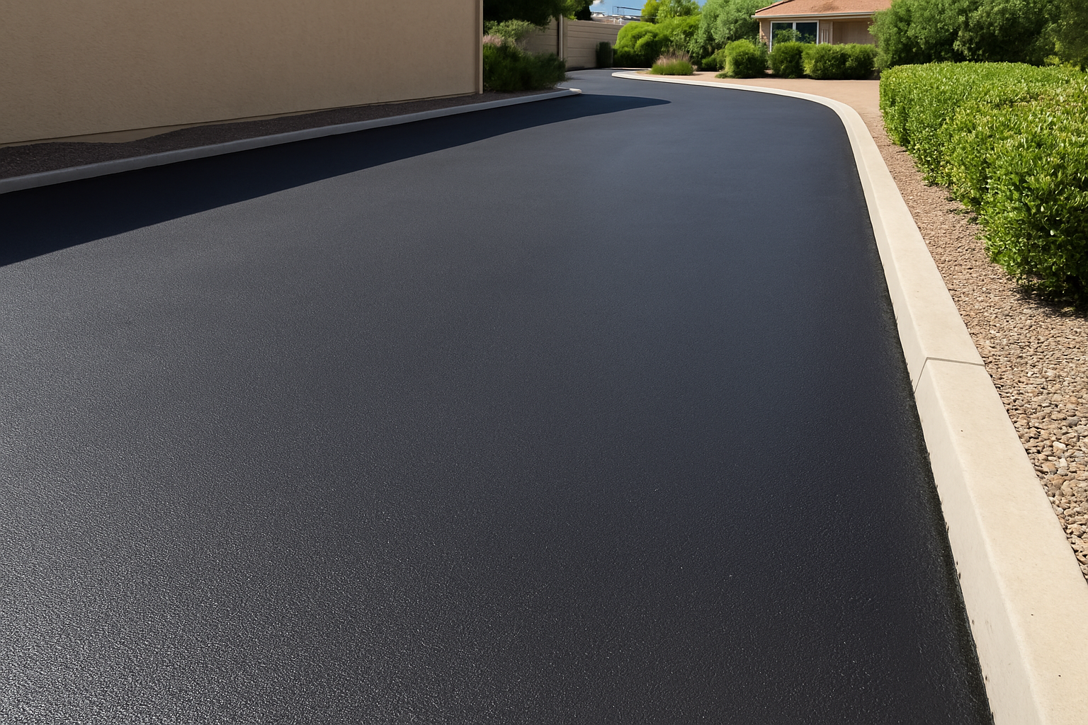 Black asphalt driveway with a concrete curb and green bushes.